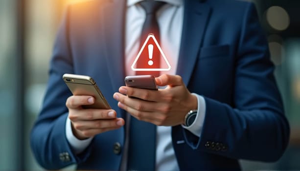 To caution businessmen against investing in the current economic climate and the associated risks, businessmen utilize mobile smart phones with a virtual warning sign. High quality photo
