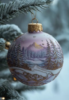 Lilac Christmas ball with a snow landscape on a Christmas tree. Selective focus.