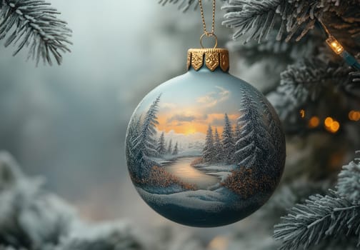 A gray Christmas ball with a snow landscape on a Christmas tree. Selective focus.