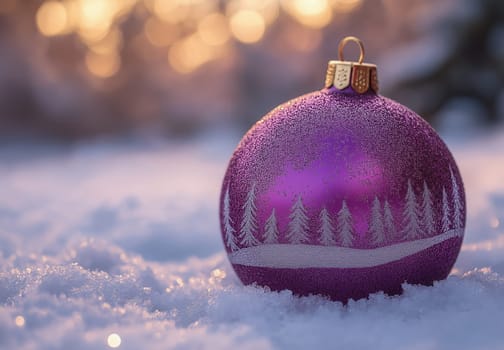 A lilac Christmas ball with a snowy landscape on the snow. Selective focus.