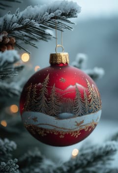 A red Christmas ball with a snow landscape on a Christmas tree. Selective focus.