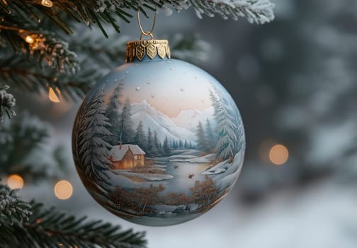 A gray Christmas ball with a snow landscape on a Christmas tree. Selective focus.