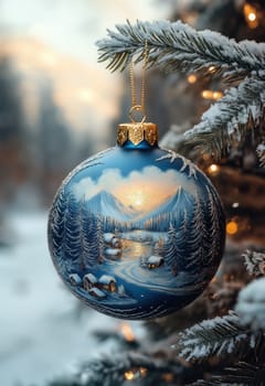 Blue Christmas ball with a snowy landscape on a Christmas tree. Selective focus.