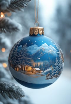 Blue Christmas ball with a snowy landscape on a Christmas tree. Selective focus.