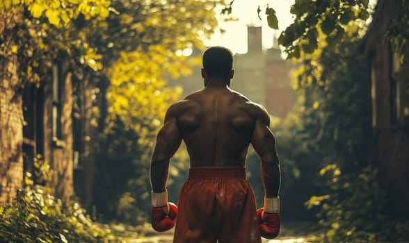 A boxer ready for training, demonstrating strength and determination. Selective focus.