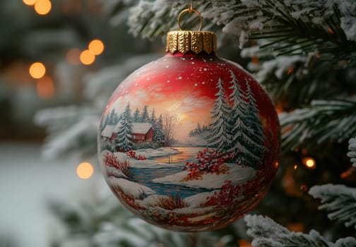 A red Christmas ball with a snow landscape on a Christmas tree. Selective focus.
