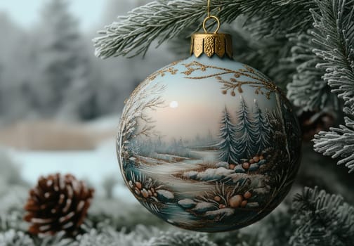 A gray Christmas ball with a snow landscape on a Christmas tree. Selective focus.