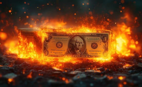 A dollar bill engulfed in flames, symbolizing financial loss. Selective focus.