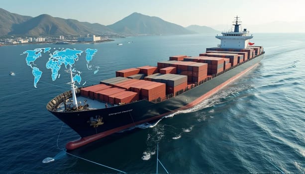 Modern cargo container ships make use of technology to facilitate international logistics by utilizing supply chain networks and world maps for container export-import . High quality photo