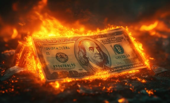 A dollar bill engulfed in flames, symbolizing financial loss. Selective focus.