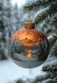 Orange Christmas ball with a snowy landscape on a Christmas tree. Selective focus.