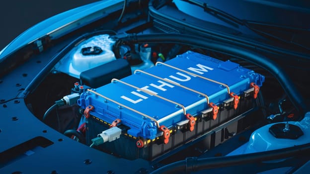 The lithium battery pack for an electric automobile is depicted with electrical connections, highlighting the essential components of contemporary automotive technology in a vivid blue hue. . High quality photo
