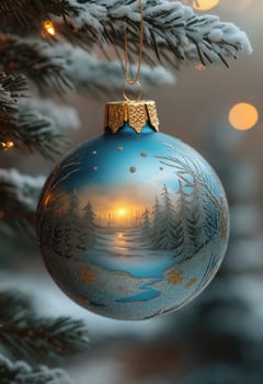 Blue Christmas ball with a snowy landscape on a Christmas tree. Selective focus.