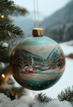 A green Christmas ball with a snow landscape on a Christmas tree. Selective focus.
