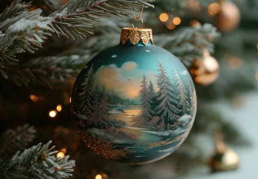 A green Christmas ball with a snow landscape on a Christmas tree. Selective focus.