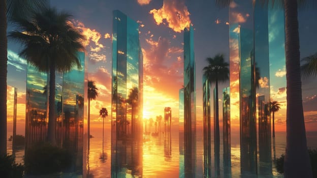 A stunning sunset scene with towering reflective glass pillars, tropical palm trees, and a serene water surface, creating a modern and exotic atmosphere.
