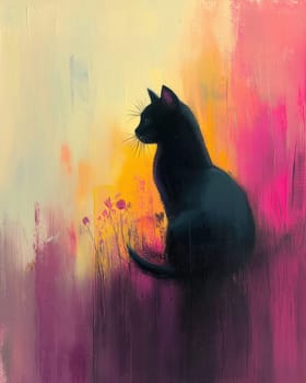 Illustration of a sitting black cat on an abstract background. Selective focus.