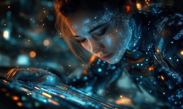 A futuristic intelligent woman with glowing blue circuits. Selective focus.