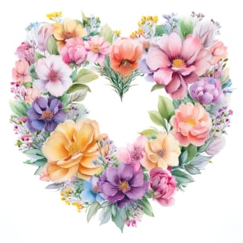 A beautiful heart-shaped wreath is crafted from a variety of blossoms in pastel shades.