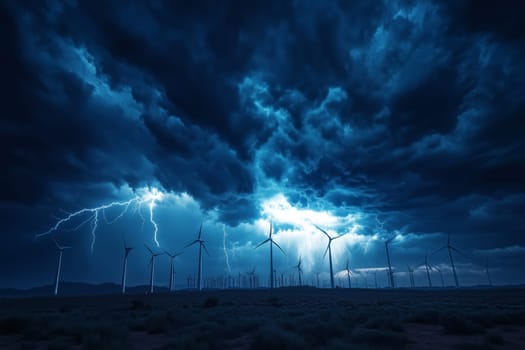 A dramatic lightning storm strikes across a wind farm in the desert, showcasing the raw power of nature in contrast to renewable energy technology.