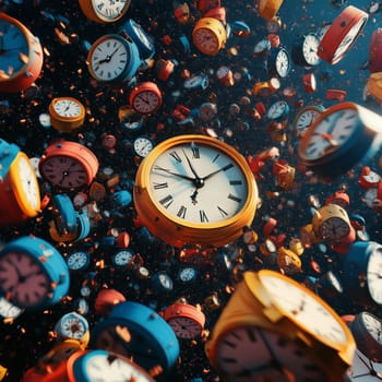 A surreal scene of clocks in various geometric shapes, floating in space with vibrant colors, symbolizing the abstract concept of time.