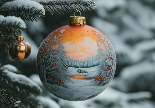 Orange Christmas ball with a snowy landscape on a Christmas tree. Selective focus.