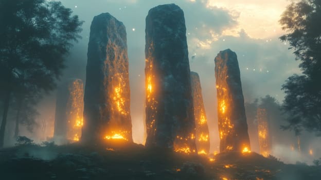 Ancient glowing megaliths radiating light in a foggy, mysterious forest setting with an ethereal atmosphere.