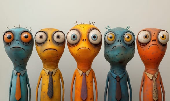Cartoon characters with anxious facial expressions in ties. Selective focus.