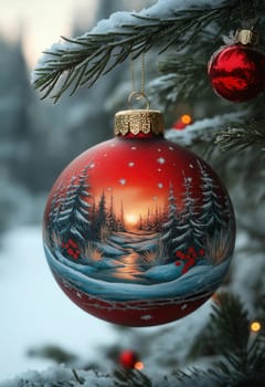 A red Christmas ball with a snow landscape on a Christmas tree. Selective focus.