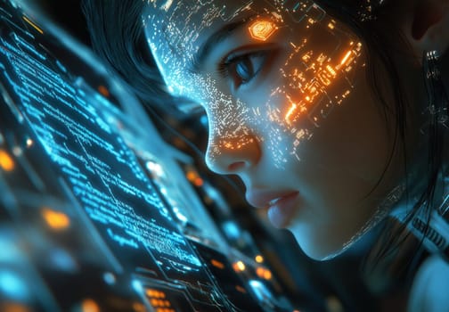 A futuristic intelligent woman with glowing blue circuits. Selective focus.