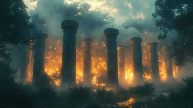 Surreal glowing ancient pillars radiating light surrounded by a misty forest, creating a mystical and enchanting atmosphere.