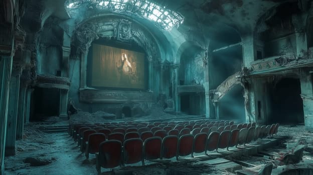 A dilapidated theater with crumbling walls, empty seats, and a glowing movie screen in a hauntingly atmospheric setting.