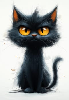 Illustration of a sitting black cat on a white background. Selective focus.