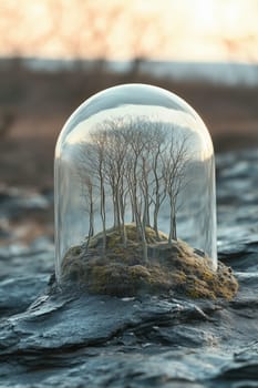 A tiny forest enclosed within a glass dome, bathed in soft light, creating a serene and magical miniature world of lush greenery.