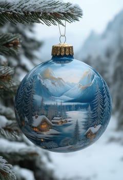Blue Christmas ball with a snowy landscape on a Christmas tree. Selective focus.
