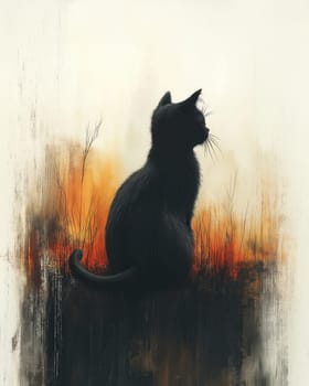 Illustration of a sitting black cat on an abstract background. Selective focus.