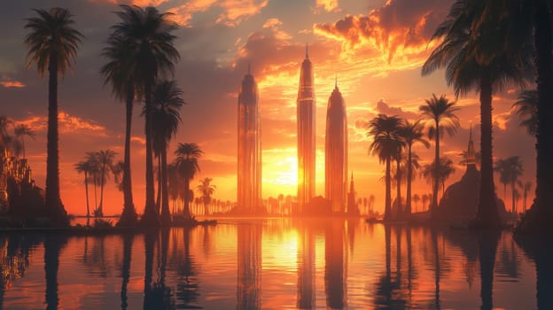 A tranquil sunset view with tall palm trees, reflective water, and futuristic skyscrapers glowing in warm light, creating a serene and futuristic landscape.