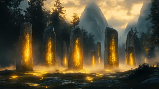 Enigmatic glowing megaliths surrounded by a luminous river in a foggy forest valley, framed by towering mountains under a dramatic sky.