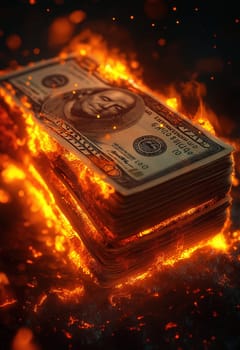 A dollar bill engulfed in flames, symbolizing financial loss. Selective focus.