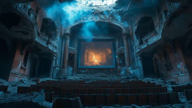 An abandoned theater in ruins with a glowing screen depicting ancient columns, enveloped in eerie blue light and shadows.