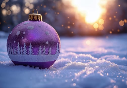 A lilac Christmas ball with a snowy landscape on the snow. Selective focus.
