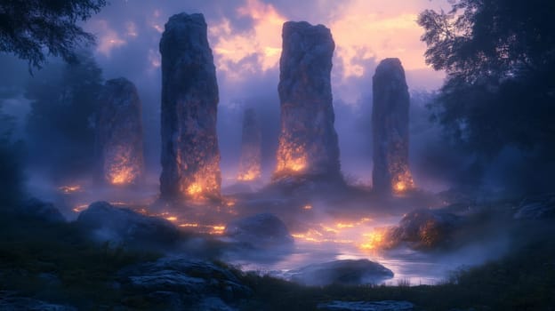 Majestic glowing megaliths rise from a mystical river, creating an enchanting and powerful atmosphere of ancient energy and nature.