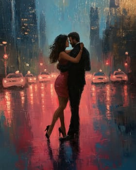 Painting of a man and woman dancing tango on a city street at night. Selective focus.