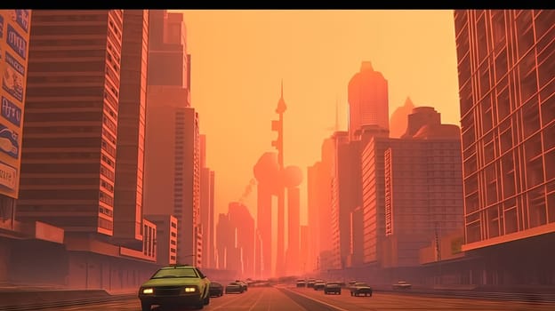 City panorama with highway and orange sky. Cityscape with cars and architecture with red fog sky. Generated AI