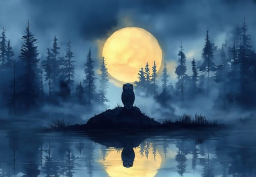 Watercolor, owl sitting under the full moon in the forest at night. Selective focus.