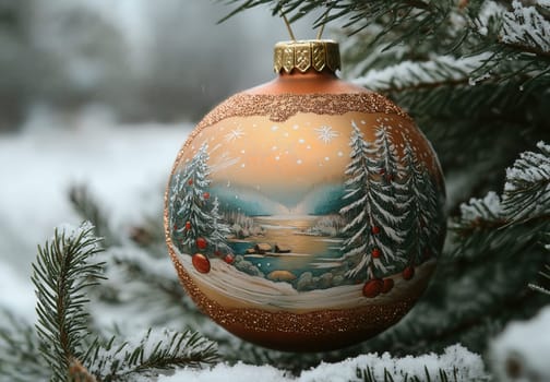 Orange Christmas ball with a snowy landscape on a Christmas tree. Selective focus.