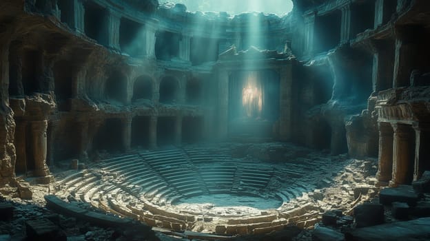 Sunlit ruins of an ancient amphitheater with holographic figures projected onto a central stage, surrounded by crumbling stone walls.