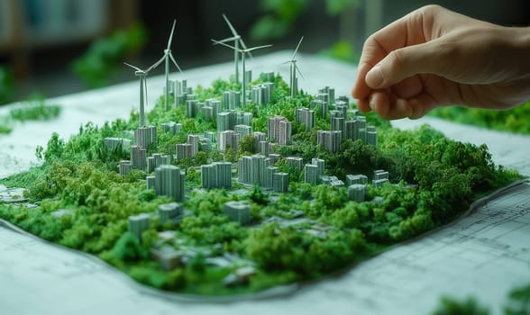 Hands making a miniature model of a cityscape with wind turbines, green energy. Selective focus.