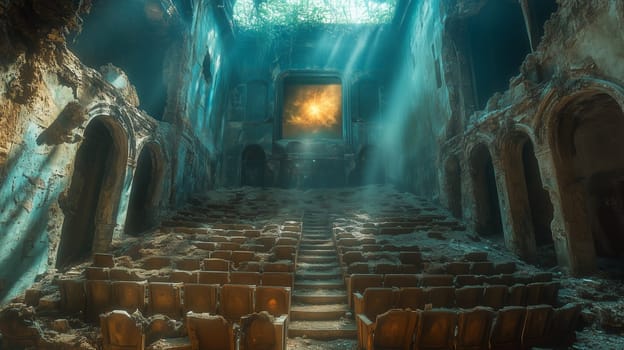 A ruined theater featuring decayed seats, overgrown walls, and a glowing screen projecting a cosmic scene, illuminated by beams of sunlight.