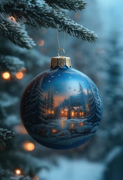 Blue Christmas ball with a snowy landscape on a Christmas tree. Selective focus.